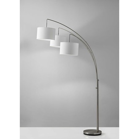 Homeroots Three Light Brushed Steel Metal Arc Floor Lamp with Suspended White Drum Shades 372706